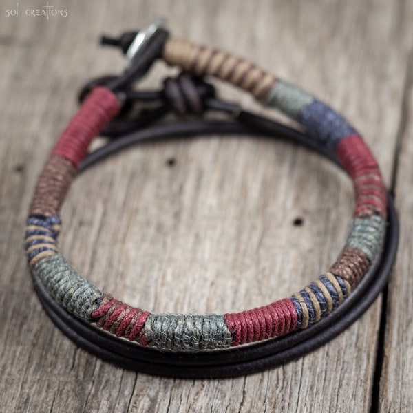 Mens Leather, Hemp, Cotton Cord Bracelet, Stack Bracelet, Leather Cord, Colorful, Woven Wrap Bracelet, Rustic, Masculine, Surfer, Surf