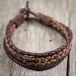 Mens Braided Leather Bracelet, Brown Leather Bolo Cord Bracelet, Multi Wrap, Mens Leather Cuff, Surfer Bracelet, Dark Brown, Surf, Rustic