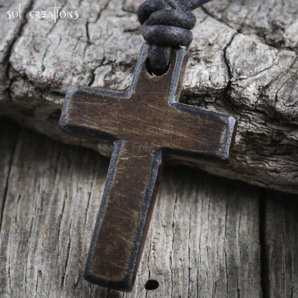 Mens Cross Necklace, Leather Necklace, Cross Pendant, Surfer Necklace, Horn Cross, Wood, Rustic, Christian, Natural, Brown, Masculine