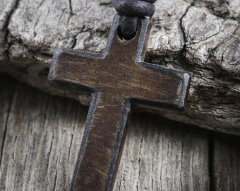 Mens Cross Necklace, Leather Necklace, Cross Pendant, Surfer Necklace, Horn Cross, Wood, Rustic, Christian, Natural, Brown, Masculine