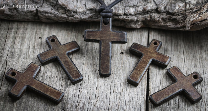 Mens Cross Necklace, Leather Necklace, Cross Pendant, Surfer Necklace, Horn Cross, Wood, Rustic, Christian, Natural, Brown, Masculine image 4