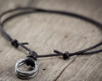Mens Leather Necklace, Men's Double Ring Pendant Necklace, Surfer