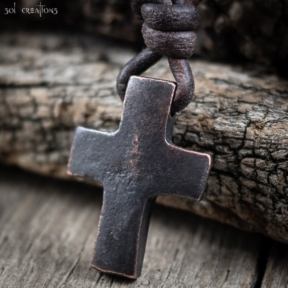 Mens Cross Necklace,  Leather Cord Metal Cross Pendant Necklace, Baptism Gift for Son Husband Dad, Rustic Christian Jewelry, Masculine, Surf