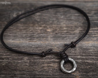 Mens Leather Necklace, Men's Ring Pendant Necklace, Surfer, Brown