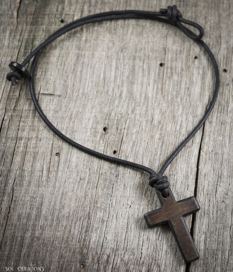 Mens Cross Necklace, Leather Necklace, Cross Pendant, Surfer Necklace, Horn Cross, Wood, Rustic, Christian, Natural, Brown, Masculine image 3
