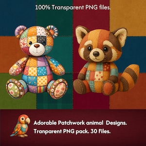 Könnte beinhalten: Zwei Patchwork-Tierdesigns: ein Teddybär und ein roter Panda. Der Bär hat einen Patchwork aus orangefarbenen, blauen und floralen Mustern. Der rote Panda hat orangefarbene, braune und cremefarbene Patches. Text: 100 % transparente PNG-Dateien. Entzückende Patchwork-Tierdesigns. Transparente PNG-Packung. 30 Dateien.