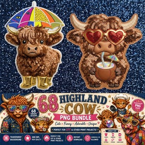 Könnte beinhalten: Ein digitales Grafikpaket mit 68 Highland-Rinder-Illustrationen. Die Sammlung enthält Rinder mit Paillettentexturen, herzförmigen Sonnenbrillen, Regenschirmen und verschiedenen Outfits. Der Text lautet 68 HIGHLAND COW PNG BUNDLE, CUTE, FUNNY, ADORABLE, UNIQUE und PERFECT FOR DTF & OTHER PRINT PROJECTS.