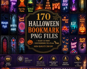 Halloween Bookmark PNG Bundle: Gothic, Neon, Whimsical Designs. 170 Files (Commercial Use, Instant Download)