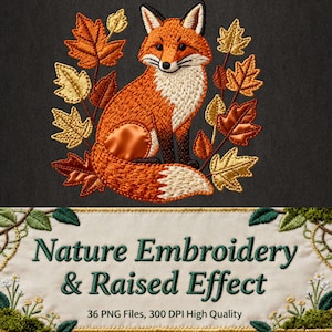 Nature Embroidery PNG Bundle: Raised Effect Designs, 36 files. Commercial Use (Instant Download)