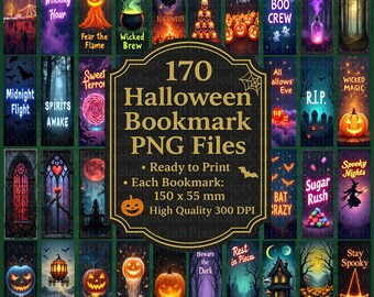 Paquete de imágenes PNG de marcapáginas de Halloween: diseños góticos, neón y originales. 170 archivos (uso comercial, descarga instantánea).