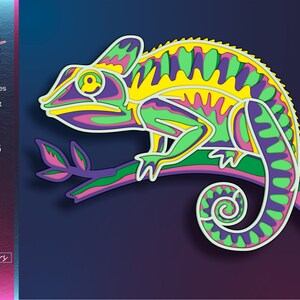 Chamäleon SVG, Reptil DXF, Papierschnitt, Sperrholz Laserschnitt, Digitaler Download, Exotisches Tier, 3D Mandala, CNC Maschinenvorlagen
