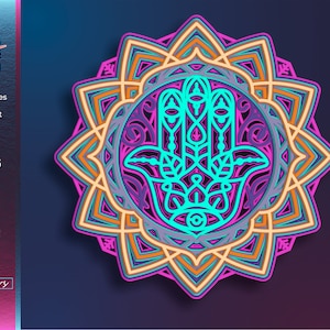 Hamsa Cutout SVG, Occhio del Male SVG, File di taglio laser Mandala, Arte a strati 3D, Design Cricut, File vettoriali Router CNC, Download immediato