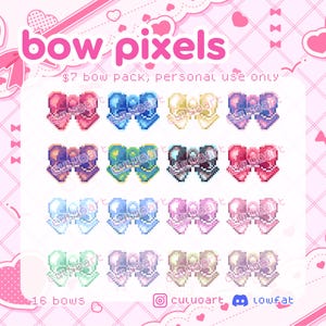 Op de afbeelding: Digitale afbeelding met 16 pixelachtige strikken in verschillende kleuren, waaronder roze, blauw, geel en paars. De woorden "bow pixels" staan bovenaan, met de tekst "16 bows" onderaan. De achtergrond is roze.