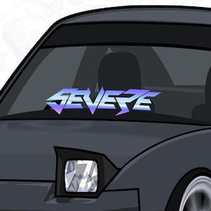 May include: Illustration of a dark gray car with a windshield banner. The banner has the word "SEVERE" in a futuristic, gradient font with purple, blue, and silver tones. The car's headlight is visible.