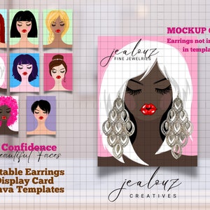 Tarjeta de presentación de pendientes personalizada, plantilla de tarjeta de pendientes editable, etiquetas de pendientes, retrato de mujer, rostros hermosos, confianza