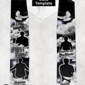 May include: A black and white memorial stole template with text that reads "Memorial Stole Template", "In Loving Memory of", "First Last", "Forever In Our Hearts", and "Sunrise MM/DD/YY" and "Sunset MM/DD/YY". The design includes silhouettes, doves, and a bridge.