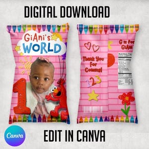 May include: Pink party favor bag with a photo of a child, Elmo, and the text "GiAni's WORLD". The bag also features the text "Thank You For Coming!" and "Edit in Canva". The top and bottom edges are decorated with colourful crayons.
