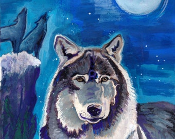 Wolf Spirit Art Print, Night Sky - Animal Nature Decor