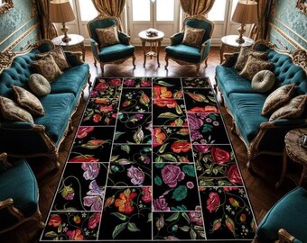Tapis floral foncé, tapis patchwork botanique vintage, décoration d'intérieur bohème
