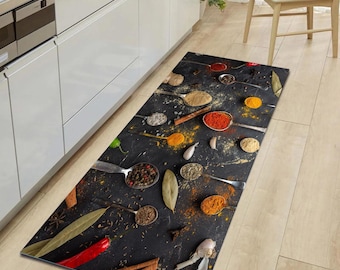Spices Kitchen Rug: Non-Slip, Machine Washable, Black Base