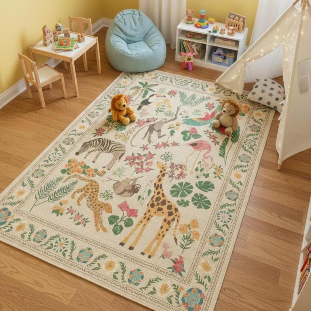 Safari Jungle Animals Kids Room Rugs, Vintage Botanical Animal Print ...