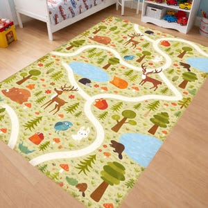 Alfombra infantil con animales del bosque, decoración de guardería con temática de bosque, alfombra con mapa de carreteras para niños pequeños, alfombra con estampado de ciervos y osos, alfombra para sala de juegos con temática de naturaleza.