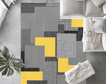 Yellow & Gray Geometric Rug, Modern Living Room Decor
