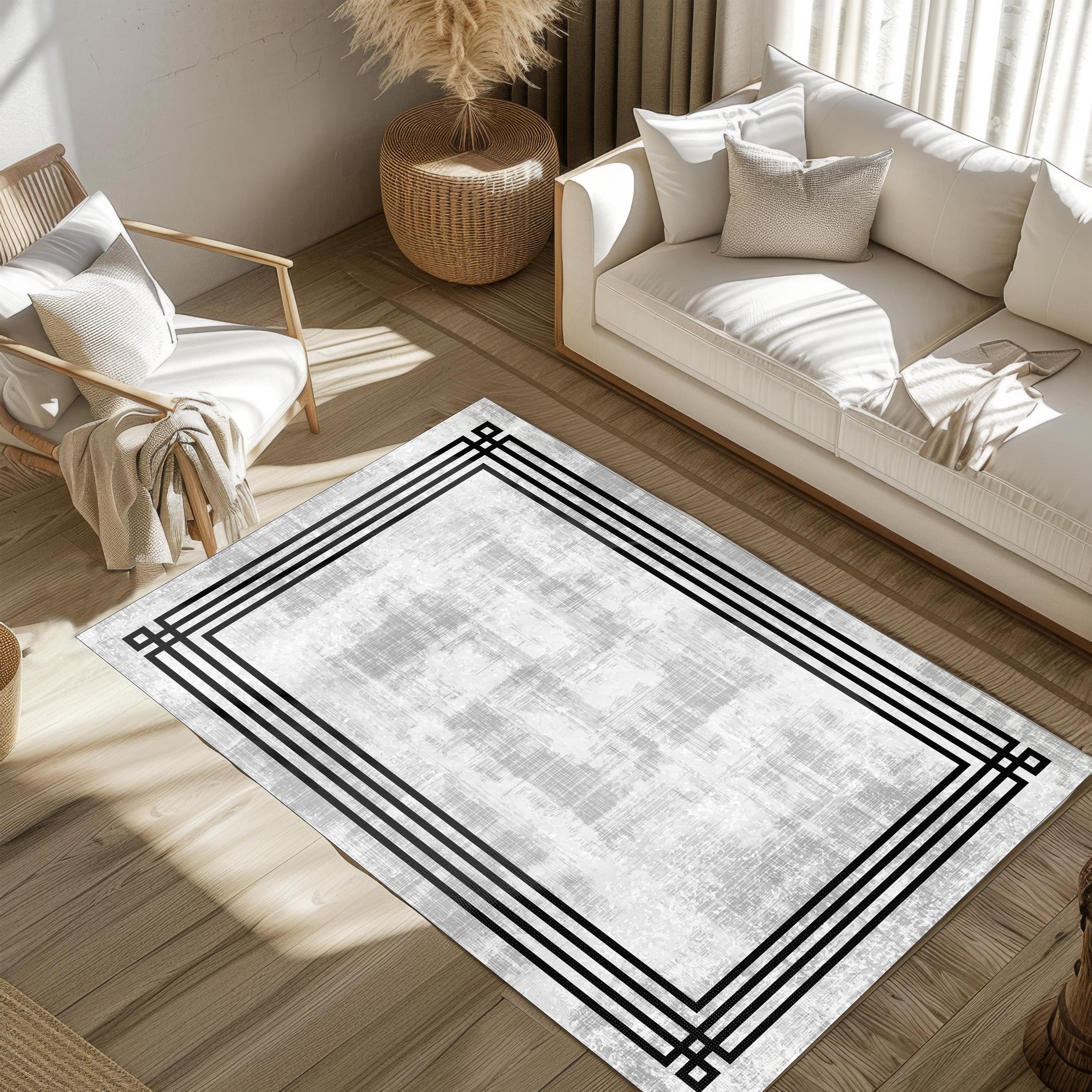 Black Bordered Gray Washable Area Rug...