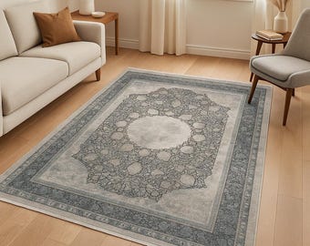 Gray Persian Style Rug: Ethnic Oriental Design, Non-Slip Chenille, Unique Room Mat