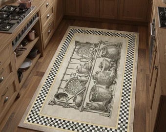 Antique Kitchen Rug: Check Border, Machine Washable Runner