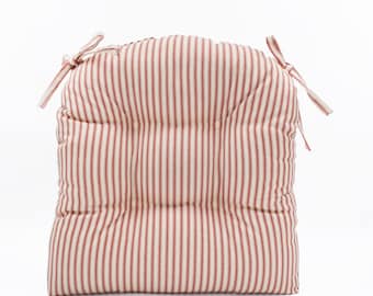 Red Ticking Stripe Chair Cushion: Tufted Cotton Pad, Farmhouse Style
