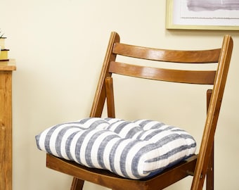 Blue Stripe Tufted Chair Cushion - Non-Slip Gripper Bottom - Linen Look