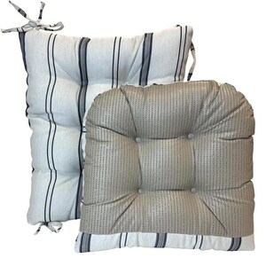 May include: Two square seat cushions. One is white with navy blue vertical stripes and ties. The other is a light beige with a textured pattern and button tufting. Both cushions have a striped border.