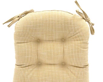 Farmhouse Yellow Gingham Chair Cushion with Ties – 15x16 Tufted Seat Pad – Premium Deadstock Upholstery Fabric – Kitchen Dining Chair Pad