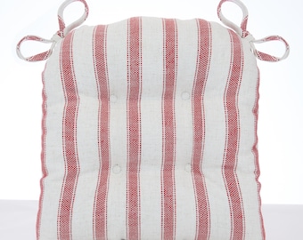 Striped Linen Chair Pad w/ Ties - u-shape, red stripe farmhouse seat cushion, rustic chair cushions for dining & kitchen chairs, Made In USA