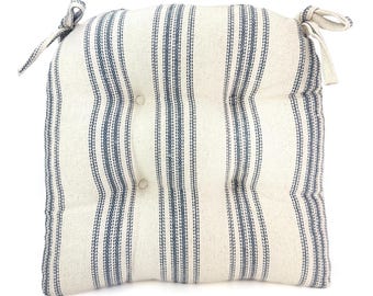 Vintage Grain Sack Cotton Chair Cushion: Blue Ticking Stripe Farmhouse Chair Pad, USA Made