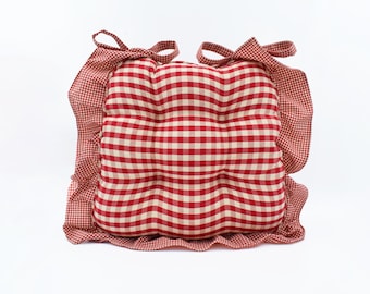 Red Gingham Ruffle Chair Cushion with Ties | Farmhouse Kitchen Chair Pad | Non-Slip Seat Cushion | Tufted Chair Pad | Cottagecore Home Decor