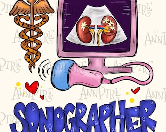 May include: A blue and white graphic with the word "SONOGRAPHER" in large blue letters. The graphic also includes a medical symbol, a pink ultrasound machine with a blue probe, and a heart.