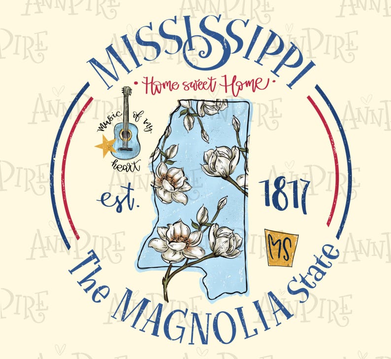 Mississippi Magnolia Flower Map, Distressed Vintage Design (digital ...