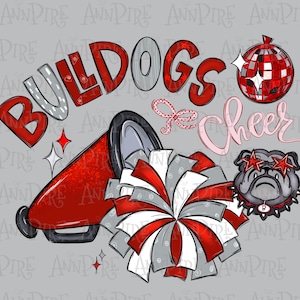 Diseño PNG de sublimación de porristas de Bulldogs, mascota escolar de Bulldog, megáfono con pompón de porristas con purpurina, orgullo del equipo de porristas, descarga digital dibujada a mano