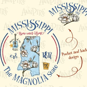 État du Mississippi, sublimation de fleurs en détresse Design vintage PNG, carte du Mississippi, État de magnolia, dessiné à la main en téléchargement numérique, impression DTG