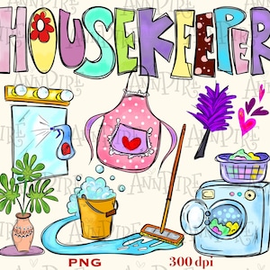 Housekeeper Sublimation Design PNG, House Cleaner, Housekeeping Staff, Cleaning Lady, Hand Drawn Digital Download image 1