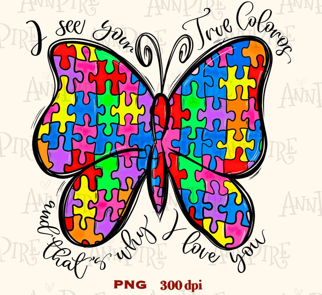 Autism Awareness Butterfly Puzzle PNG, Hand Drawn Sublimation Design ...