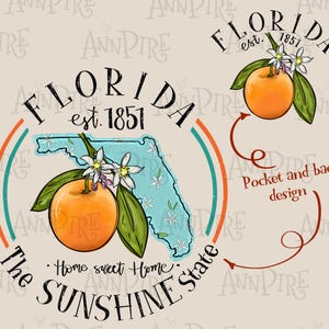 Florida staat bloem oranjebloesem sublimatie ontwerp PNG, kaart Florida, Sunshine State, handgetekende digitale download, DTG-afdrukken