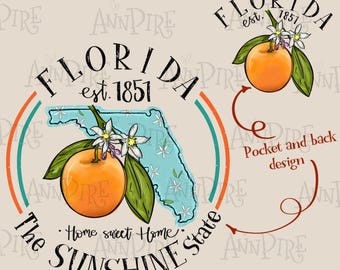 Florida State Flower Orange Blossom Sublimation Design PNG, Florida map, Sunshine State, hand drawn Digital Download, DTG Printing