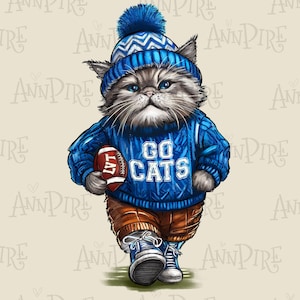 Wildcat Game Day Sublimation Design PNG, Go Cats, Lexington, KY, Mascot football, Blue and White, hand drawn Digital Download