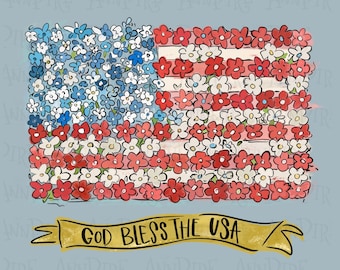 Floral American Flag PNG, Patriotic Sublimation Design (Digital Download)