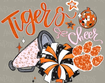 Sublimación de la mascota escolar de los Tigres, diseño PNG, tigres, porristas, descarga digital dibujada a mano