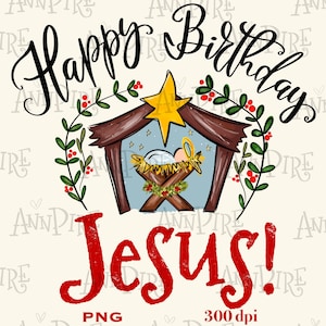 Puede incluir: Ilustración digital con el texto "Happy Birthday Jesus!" en escritura negra y roja. La imagen presenta una escena de la natividad con una estrella, un pesebre y vegetación decorativa. El fondo es de color beige claro.