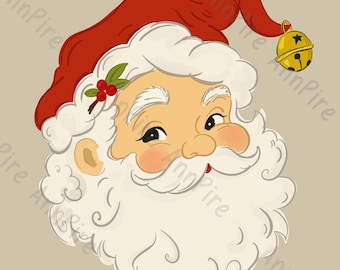 Whimsical Santa PNG, Vintage Inspired Santa Christmas Design, Retro Santa Face, Hand Drawn Christmas Digital Download